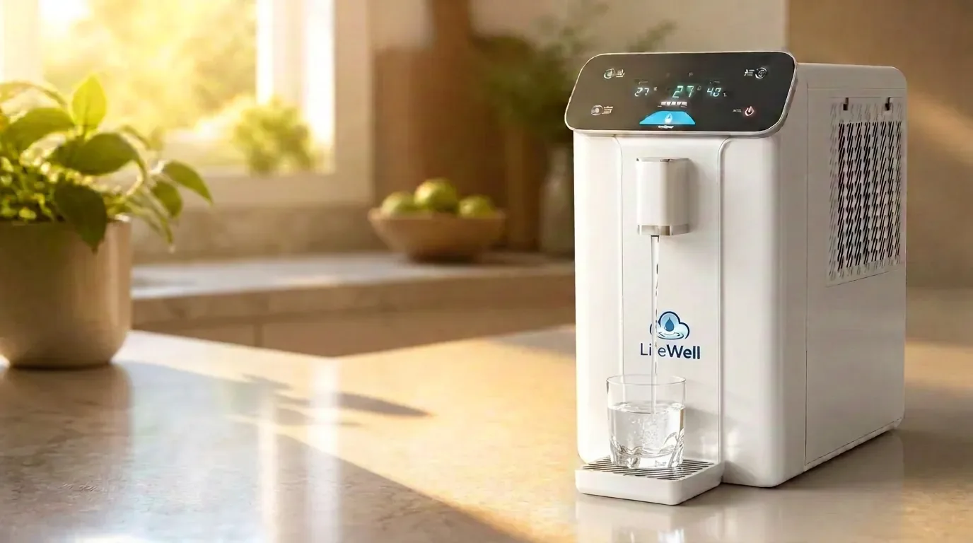 LifeWell S20 atmospheric water generator dispensing a glass of water on a sunlit kitchen counter