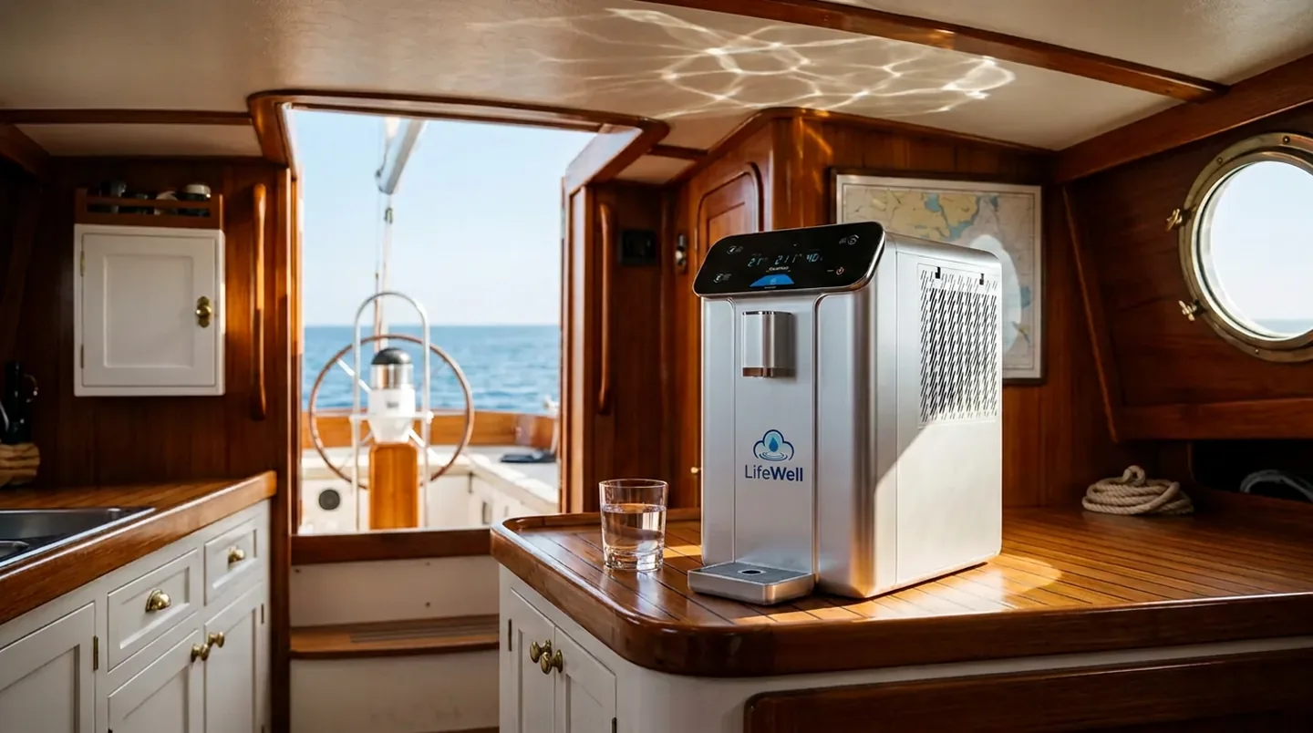 LifeWell S20 on the teak counter of a sailboat galley with the ocean visible through the companionway